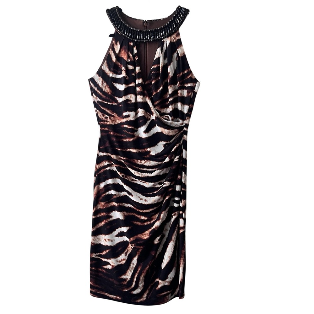 Muse Boston Proper Dress Womens Brown Tiger Print Beaded Halter Ruched Sheath 6
